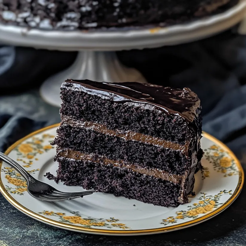A slice of black velvet cake on a plate.
