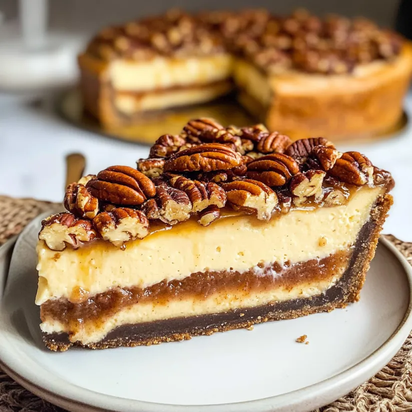 A slice of pecan pie cheesecake on a plate.