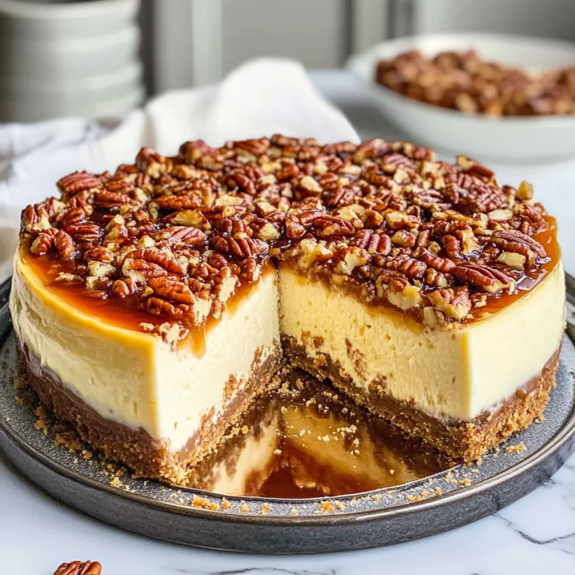 A slice of pecan pie cheesecake.