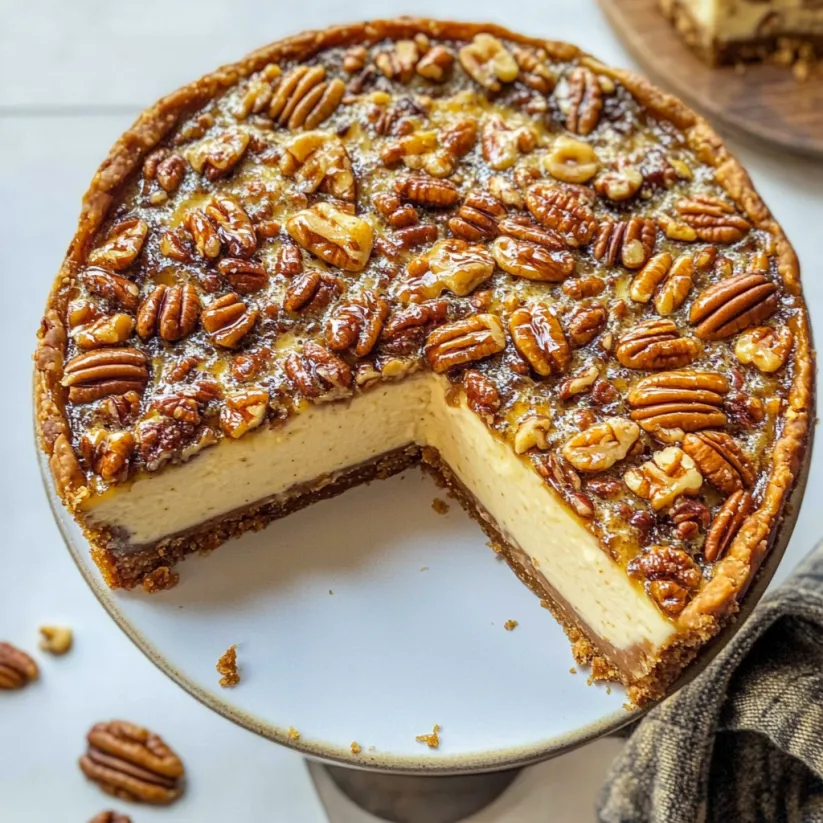 A slice of pecan pie cheesecake.