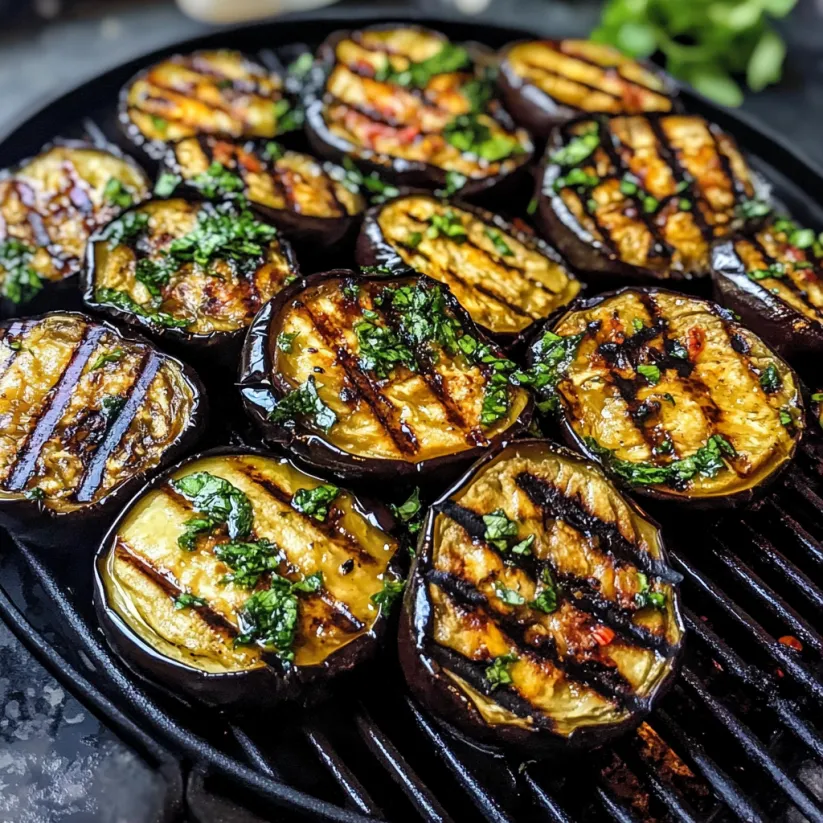 Grilled eggplant on a grill.