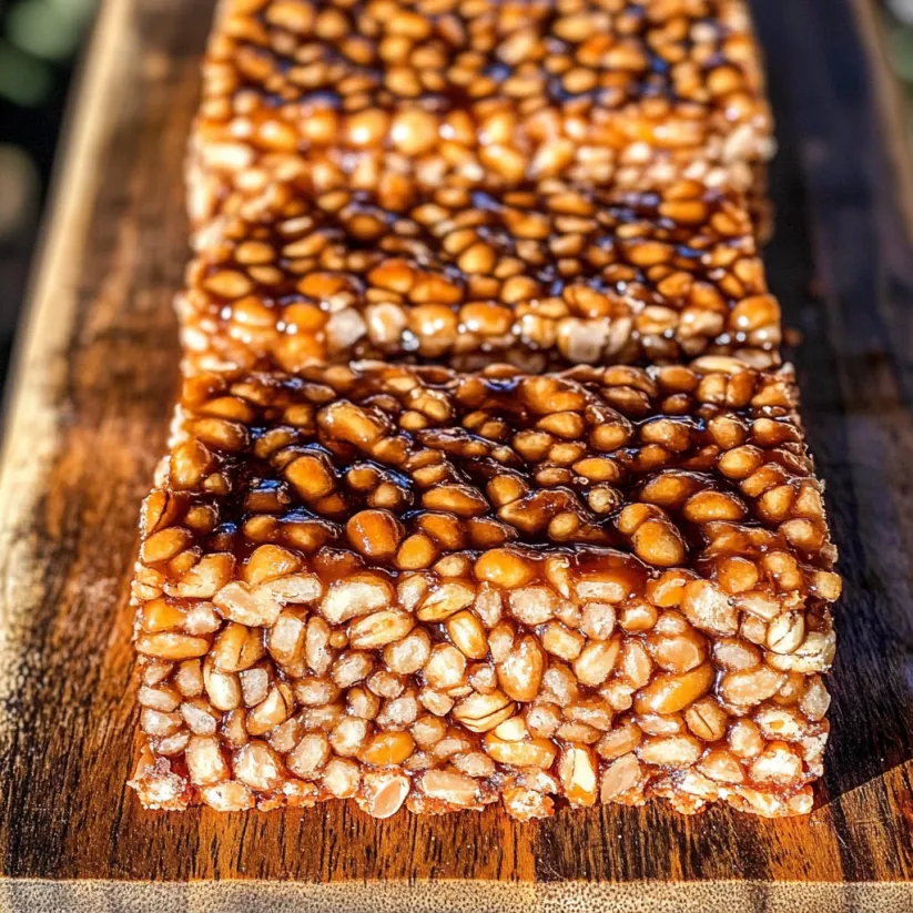 Puffed wheat squares on a wooden table.