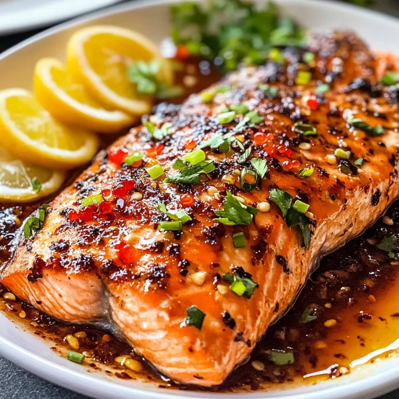 A plate of salmon with a lemon wedge and a sprinkle of red peppers.