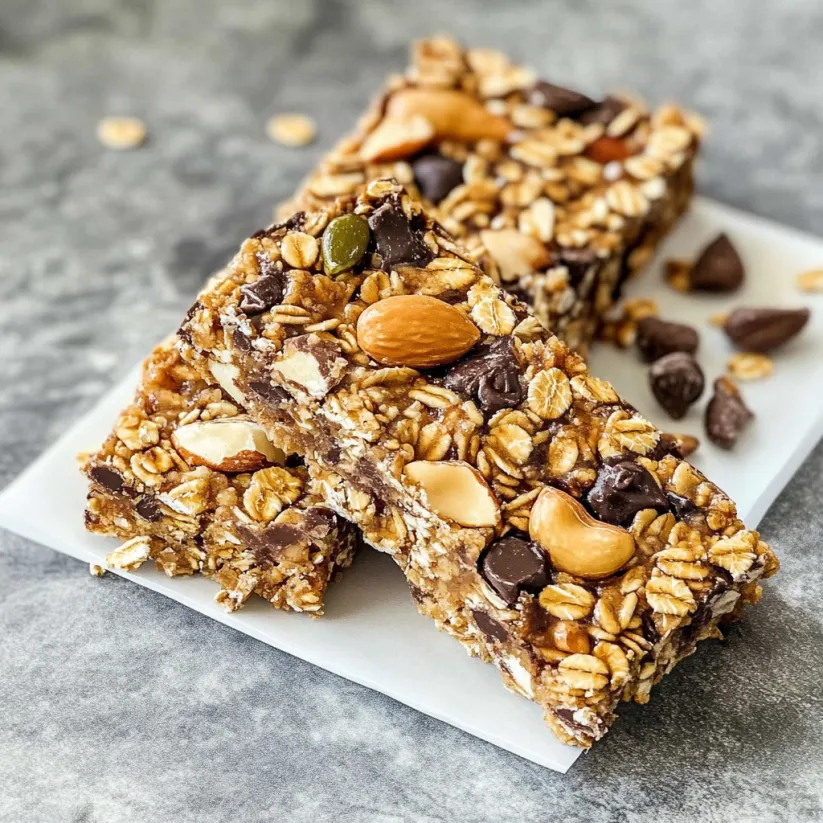 A plate of granola bars with nuts and chocolate.