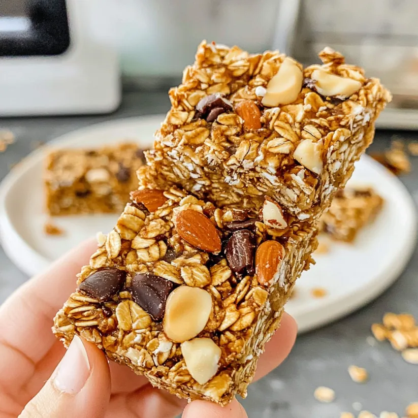 A person is holding a granola bar.