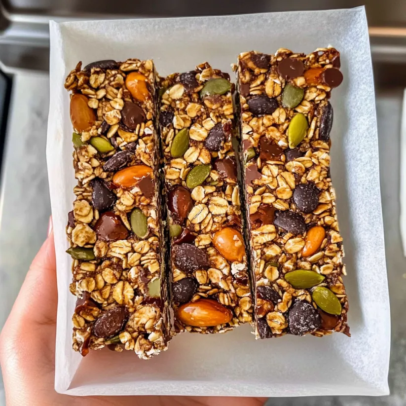 A person is holding a granola bar.