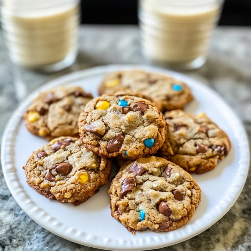 A plate of chocolate chip cookies with yellow and blue sprinkles.