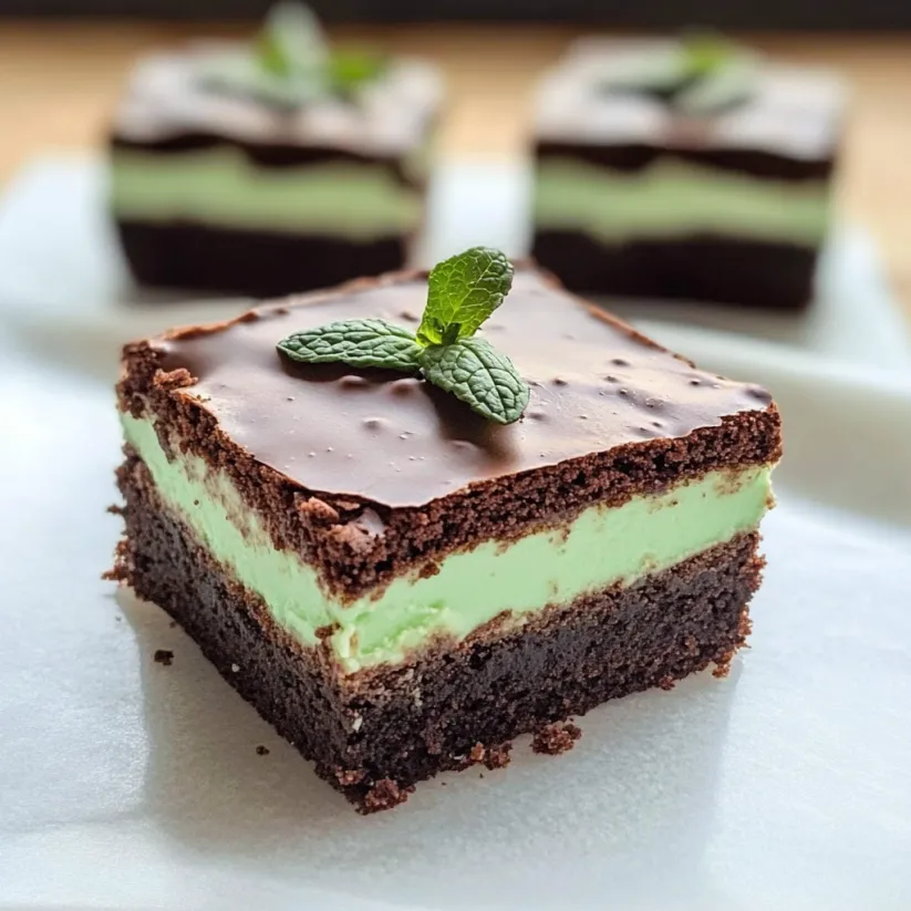 A square piece of chocolate cake with a mint leaf on top.