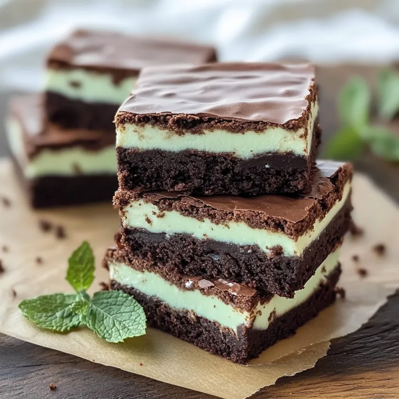 A stack of three brownies with mint leaves on top.
