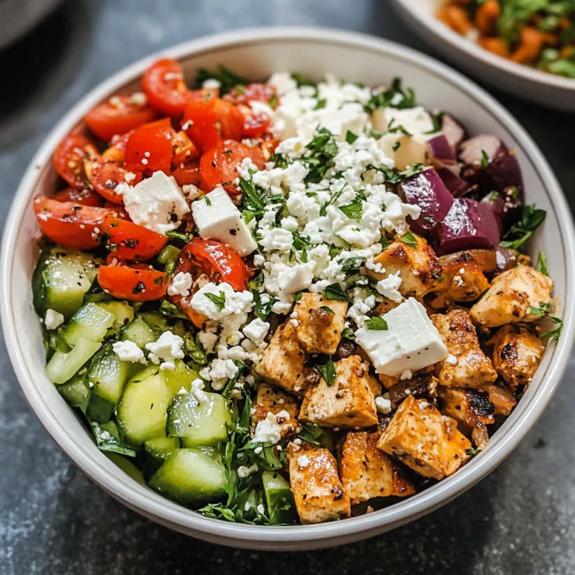A bowl of Greek salad with feta cheese, tomatoes, and cucumbers.