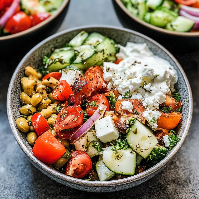 A bowl of Greek food with vegetables and feta cheese.
