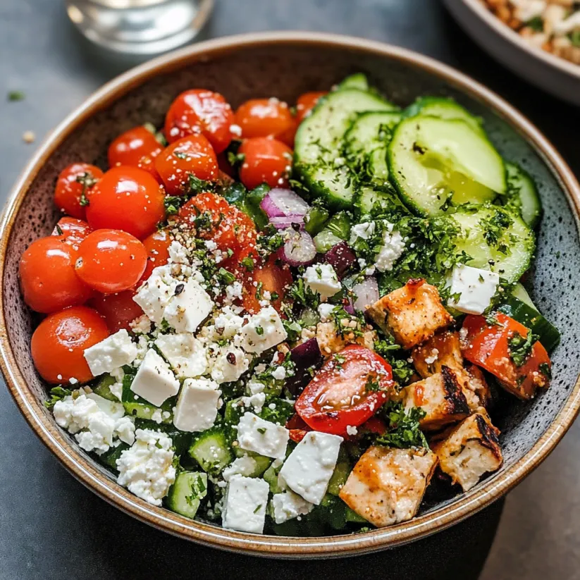 A bowl of Greek salad with tomatoes, cucumbers, onions, and feta cheese.