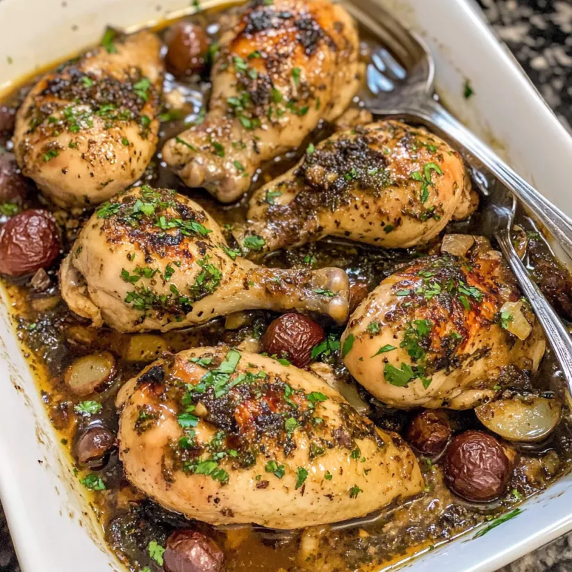 A plate of chicken marbella.