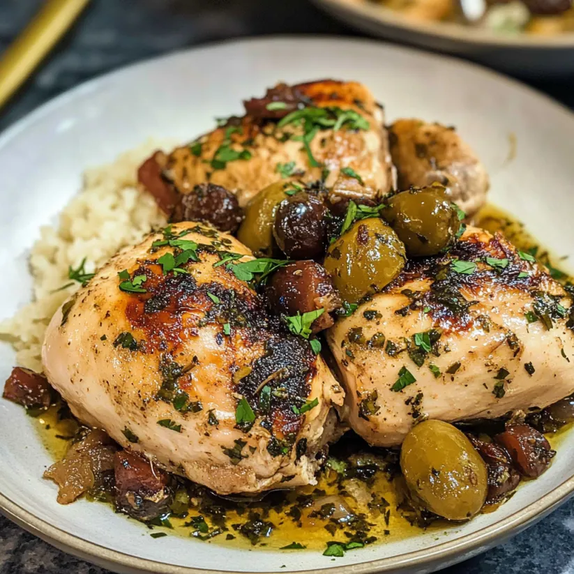 Chicken Marbella on a plate.