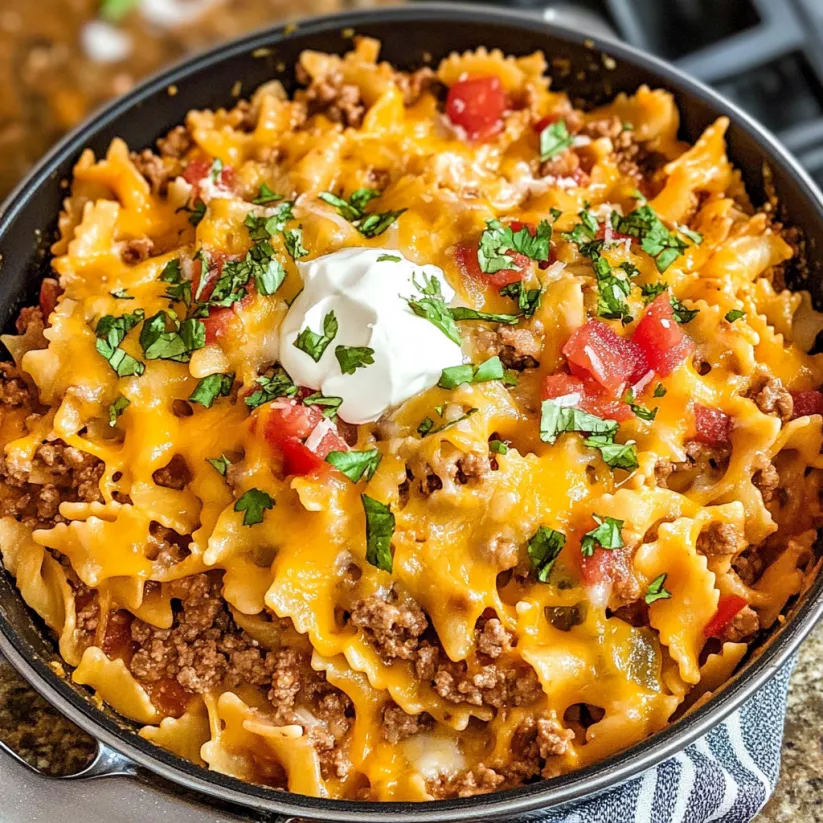 A bowl of cheesy taco pasta.