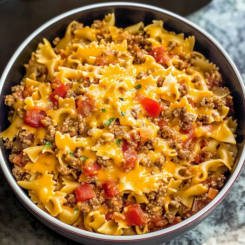 A bowl of cheesy taco pasta.