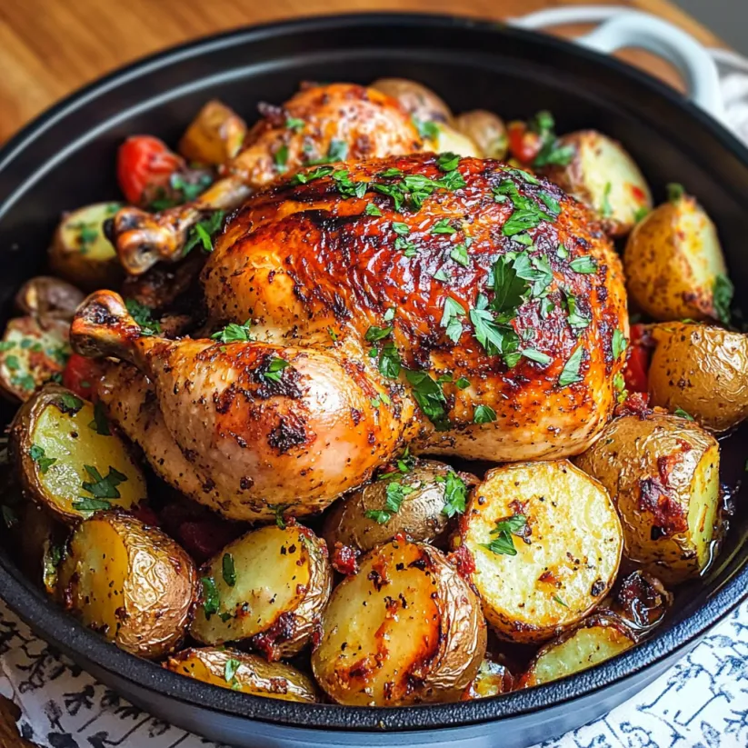 A roasted chicken with potatoes and herbs.