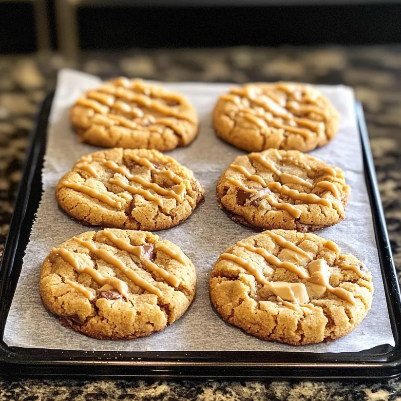 A tray of peanut butter cookies with caramel drizzle.
