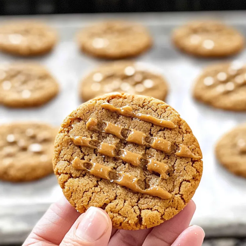 A person is holding a cookie with peanut butter and caramel drizzle.