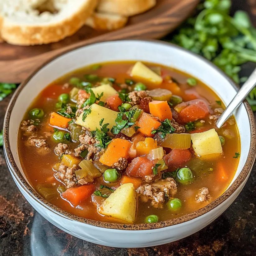 A bowl of soup with meat and vegetables.