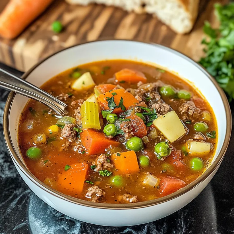 A bowl of soup with a hamburger in it.