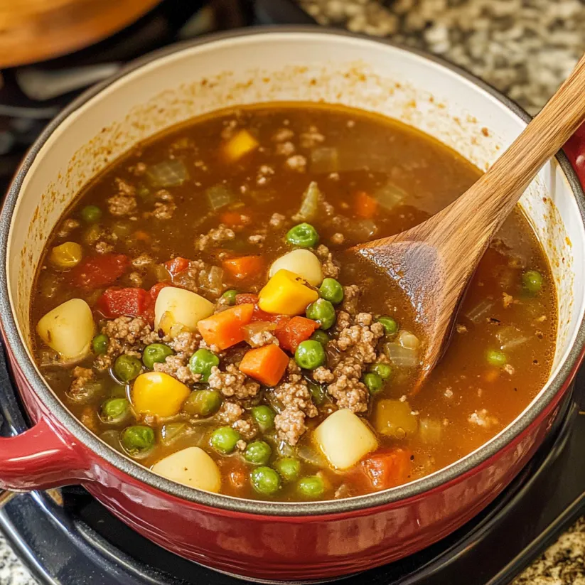 A bowl of soup with hamburger and peas.