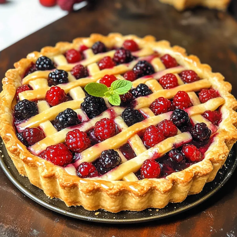 A berry tart with a green leaf on top.