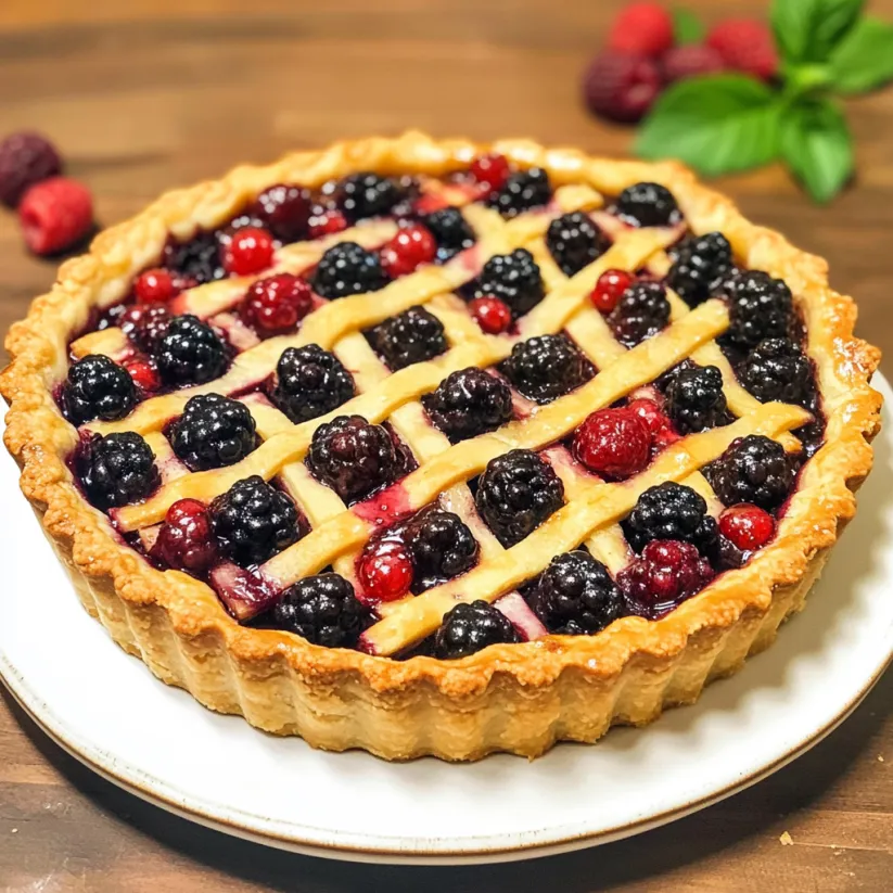 A berry tart on a white plate.