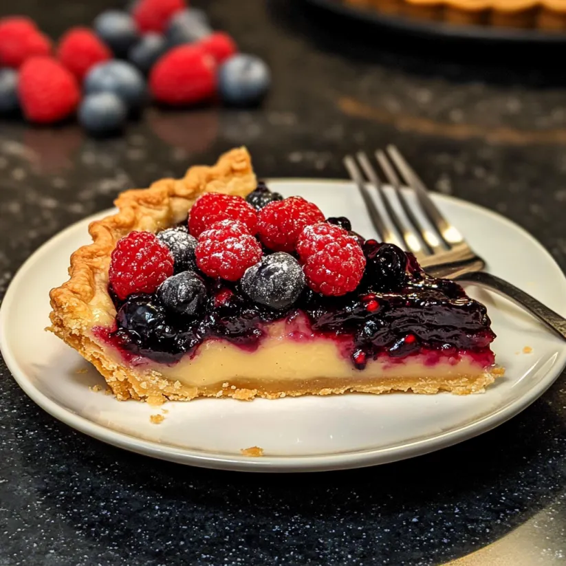 A slice of berry tart on a plate.