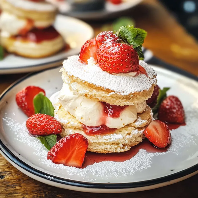 A stack of strawberry shortcake with whipped cream.