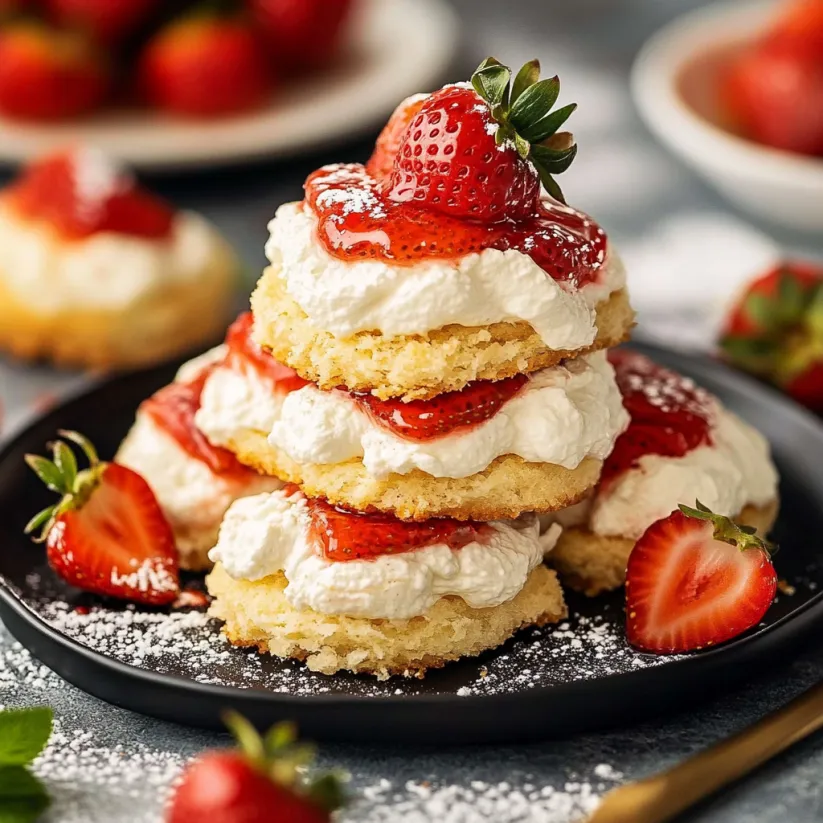 A stack of strawberry shortcake with strawberries on top.
