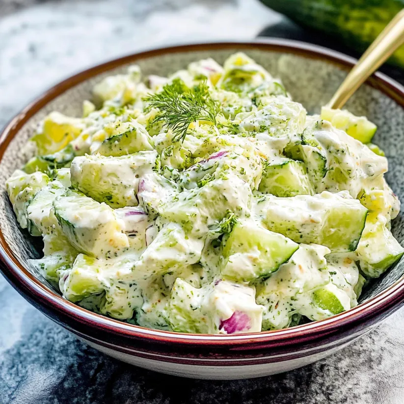 A bowl of creamy cucumber salad.
