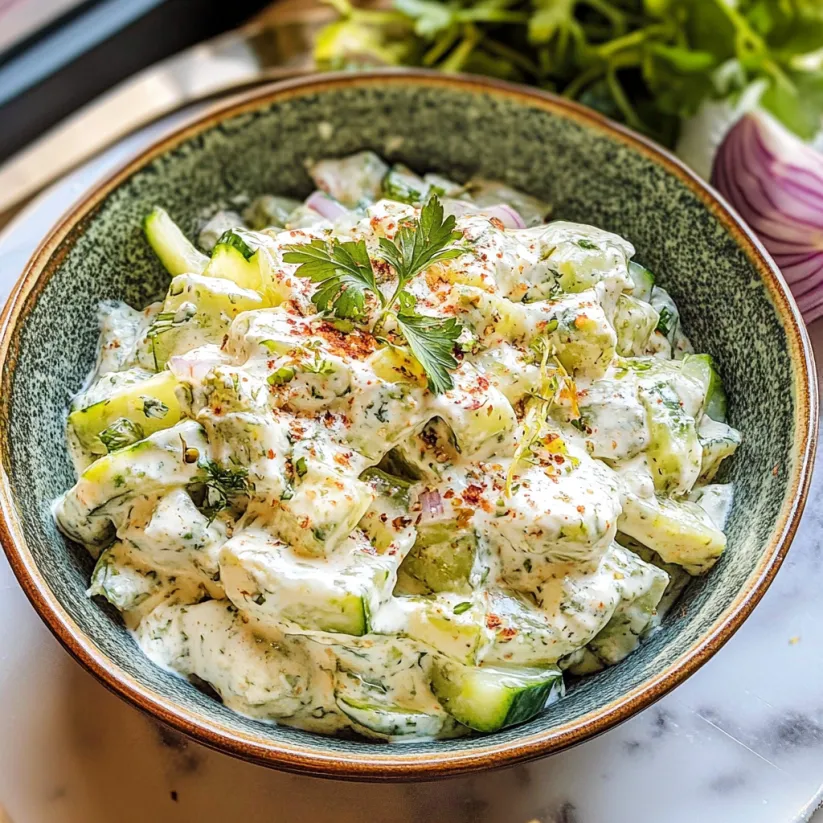A bowl of creamy cucumber salad.