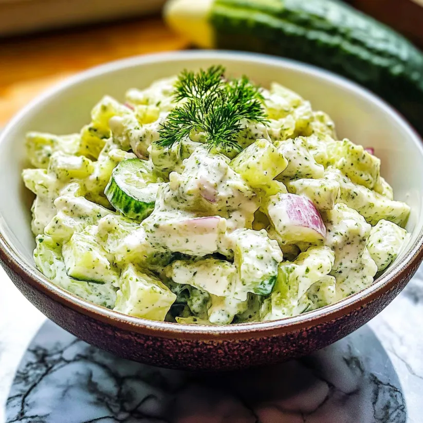 A bowl of creamy cucumber salad.