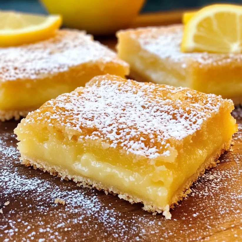 Two lemon bars with powdered sugar on top.