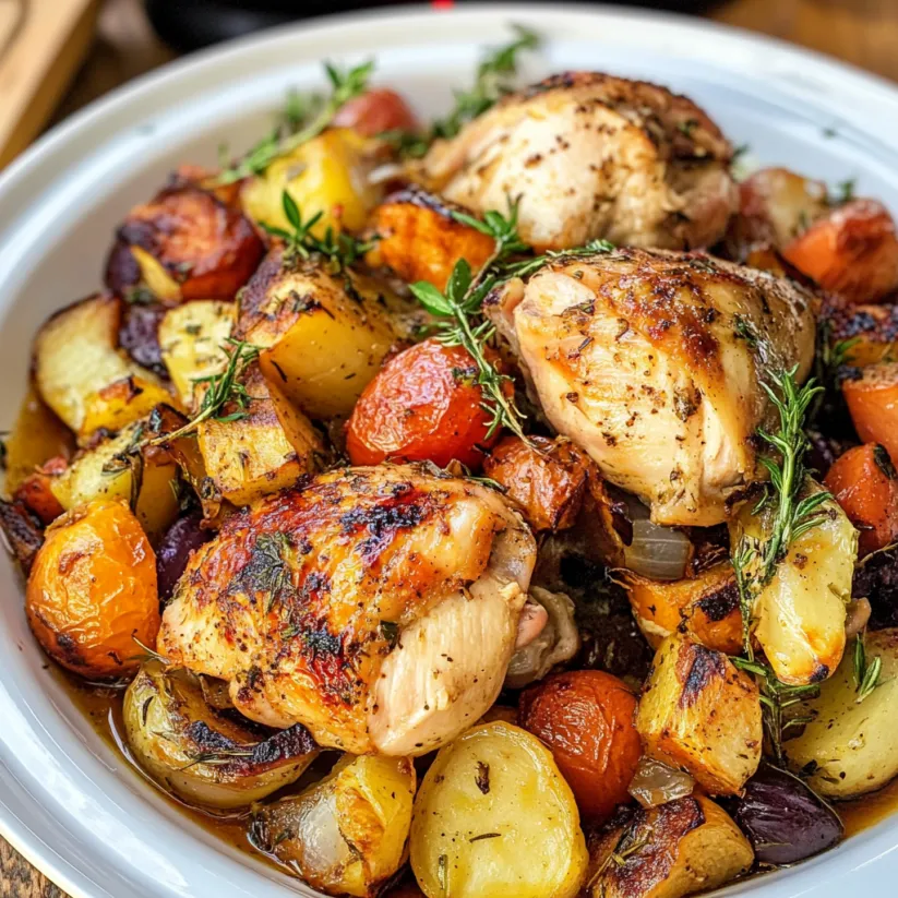 A plate of roasted chicken and vegetables.