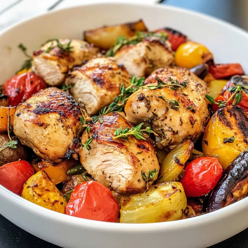 A bowl of roasted chicken and vegetables.