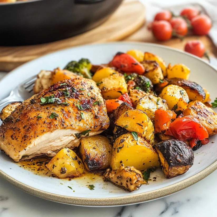 A plate of roasted chicken and vegetables.