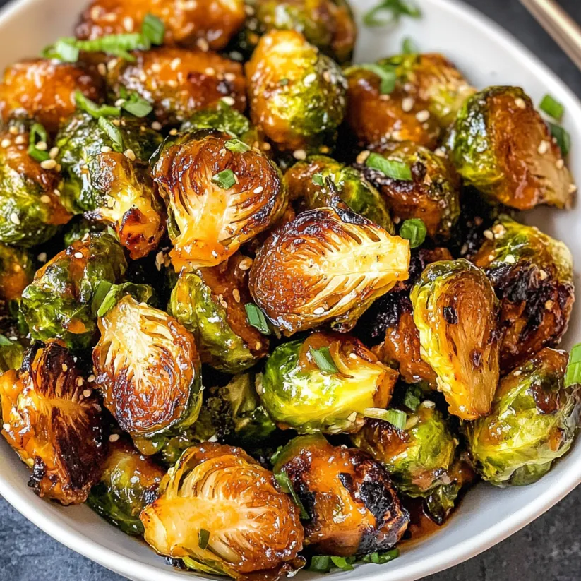 A bowl of Brussels sprouts with a sweet and sour sauce.