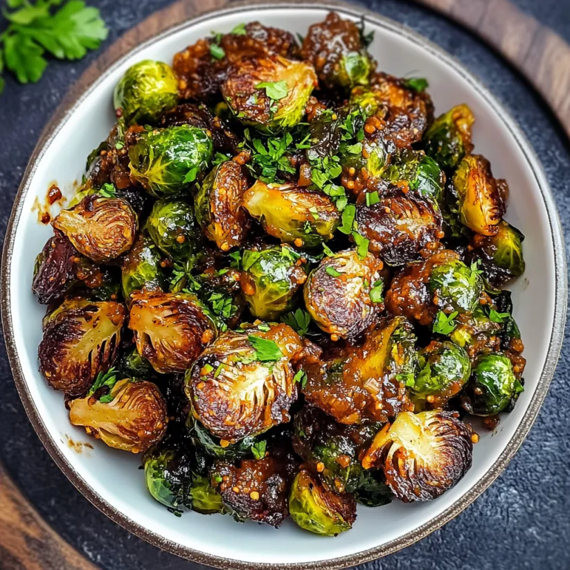A bowl of cooked Brussels sprouts with a sweet and sour sauce.