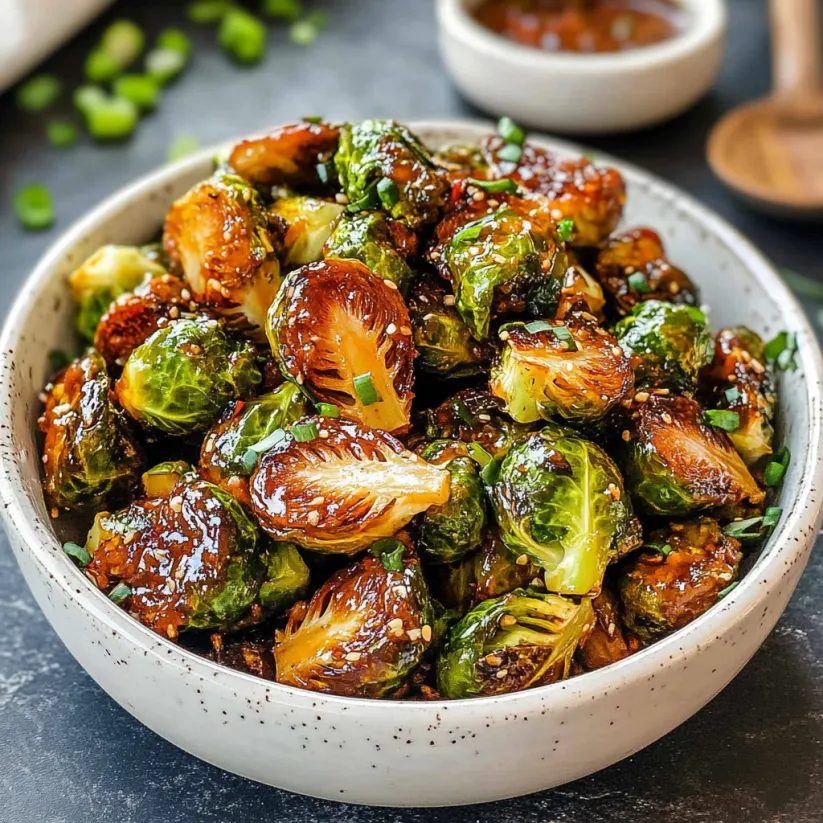 A bowl of Brussels sprouts with a sweet and sour sauce.