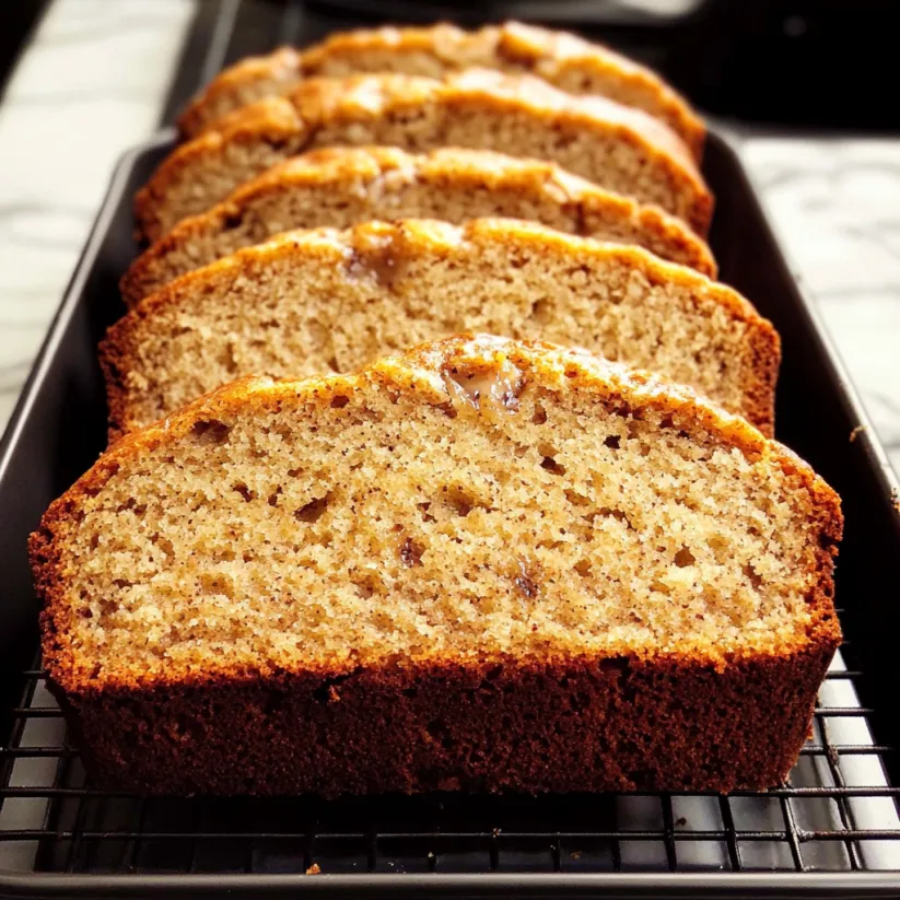 A loaf of banana bread sits on a cooling rack.