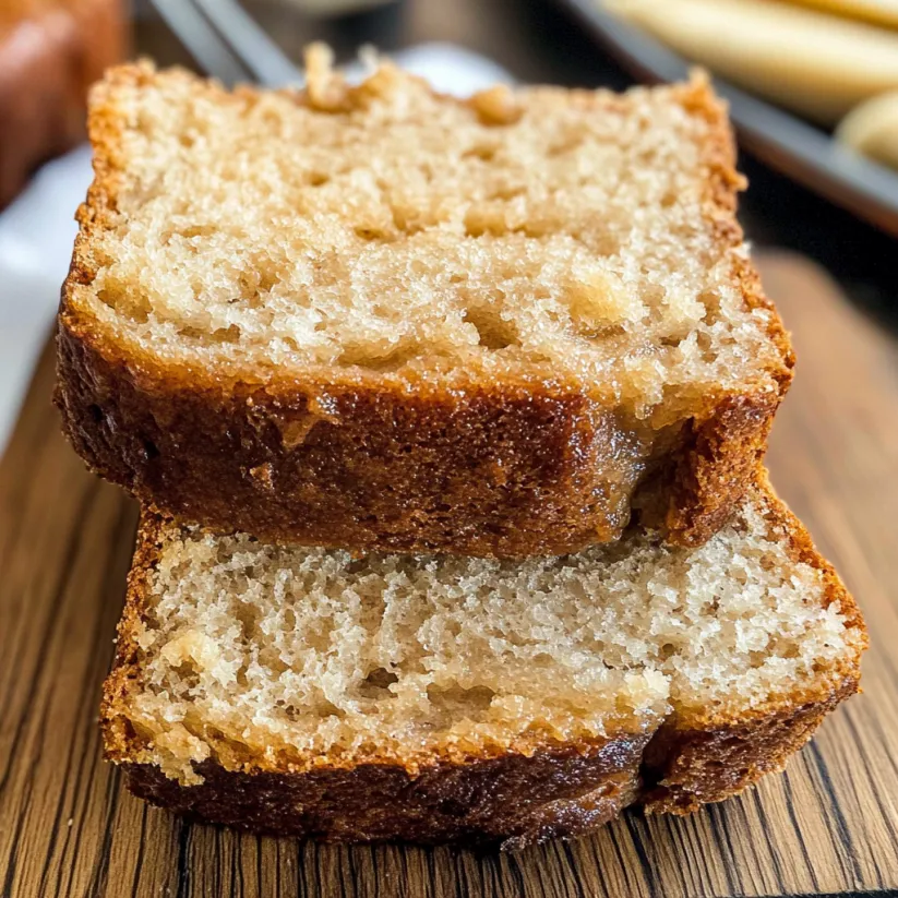 A slice of banana bread on a wooden table.
