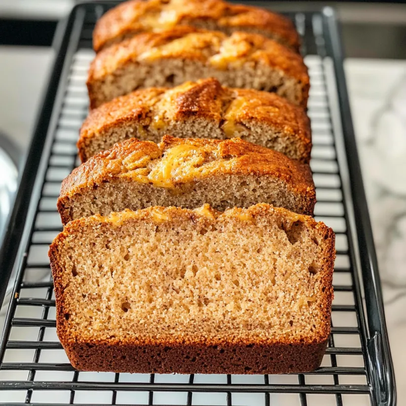 A loaf of banana bread on a wire rack.