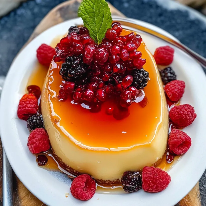 A creamy flan recipe with berries on top.