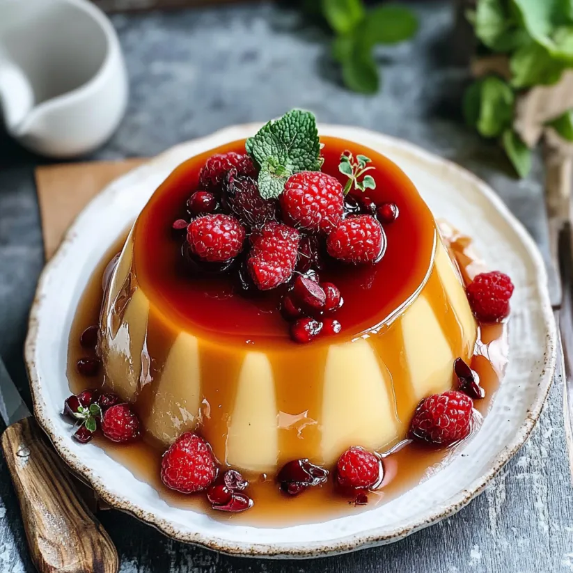 A creamy flan recipe with raspberries on top.