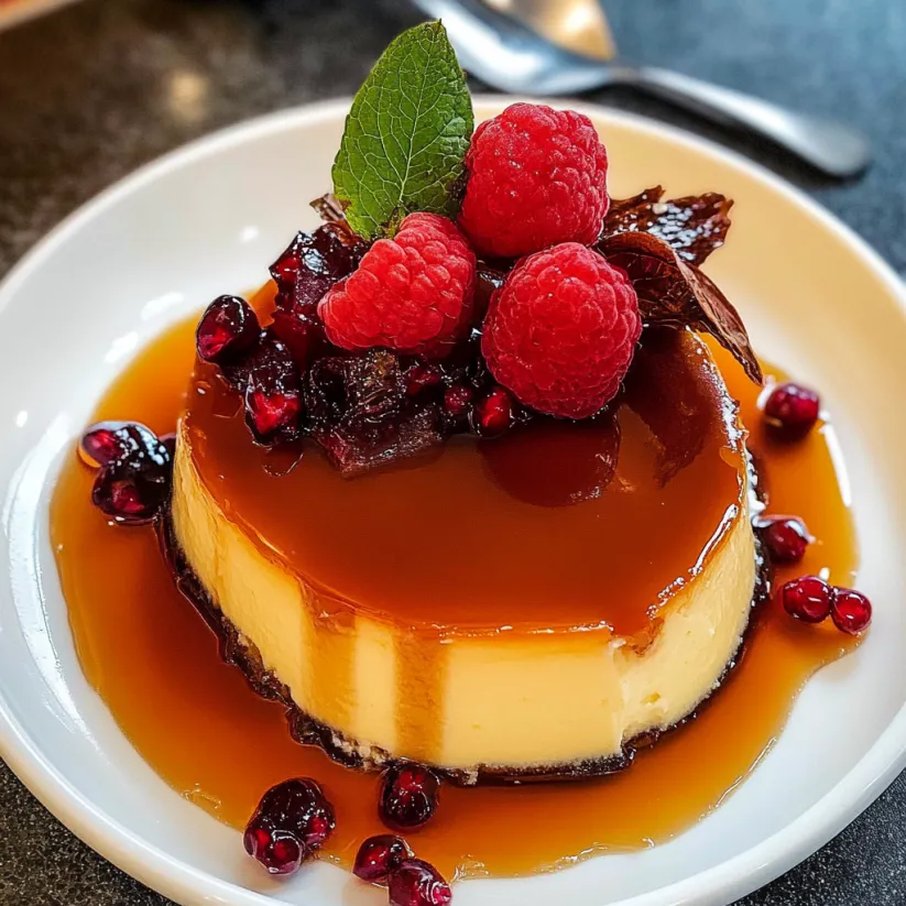 A creamy flan recipe with a raspberry on top.