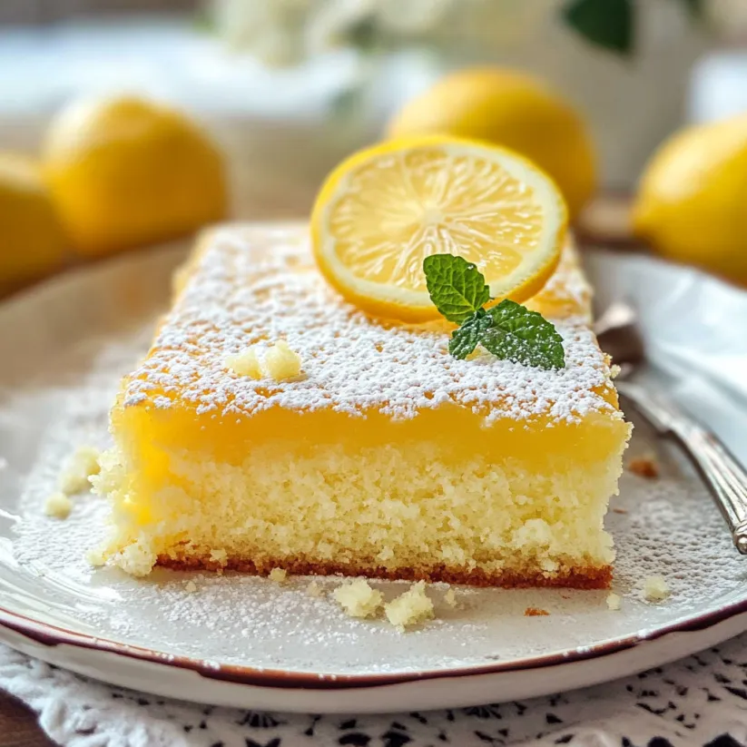 A slice of lemon magic cake with a lemon wedge on top.