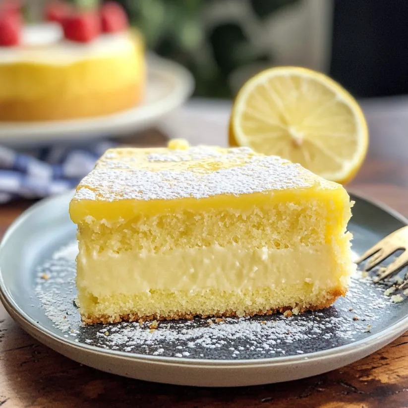 A slice of lemon magic cake on a plate.