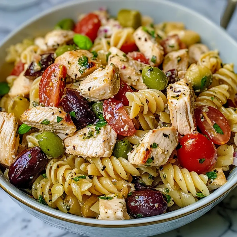 A bowl of pasta salad with chicken, tomatoes, olives, and herbs.